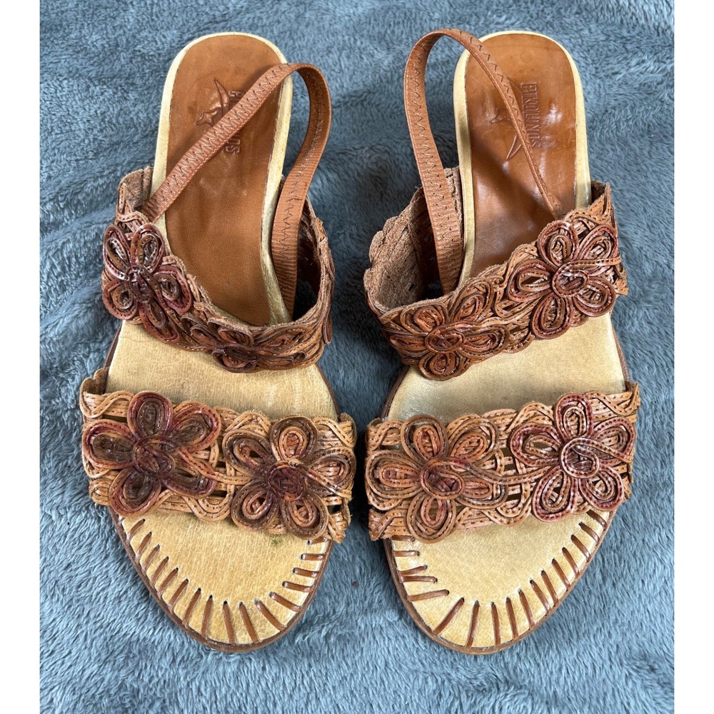 Pikolinos Leather Floral Slingback Wedge Sandals 39/8.5 Boho Vintage